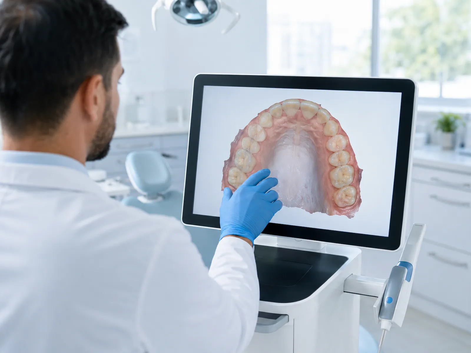 Dentista analisando escaneamento intraoral em tela touchscreen